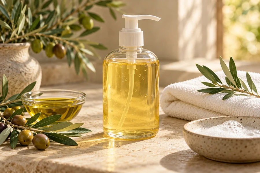زجاجة صابون قشتالي سائل بجانب وعاء زيت زيتون وأغصان زيتون ومنشفة بيضاء