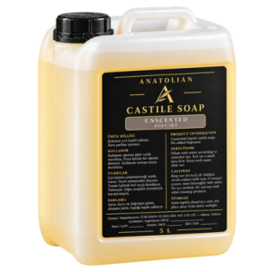Liquid Castile soap in pump and flip-top bottles, 5L and 20L containers, and a 1000L IBC tank.