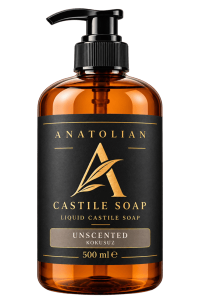 Liquid Castile soap in pump and flip-top bottles, 5L and 20L containers, and a 1000L IBC tank.