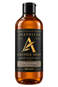 Liquid Castile soap in pump and flip-top bottles, 5L and 20L containers, and a 1000L IBC tank.