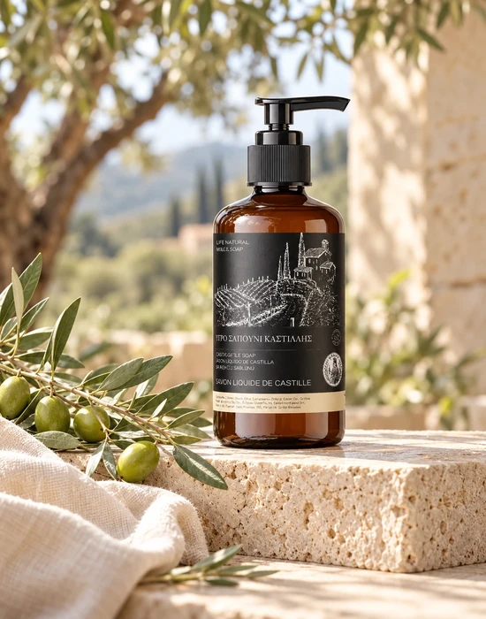 Amber bottle of Anatolian liquid Castile soap on a travertine pedestal beside olive branches and ivory linen.