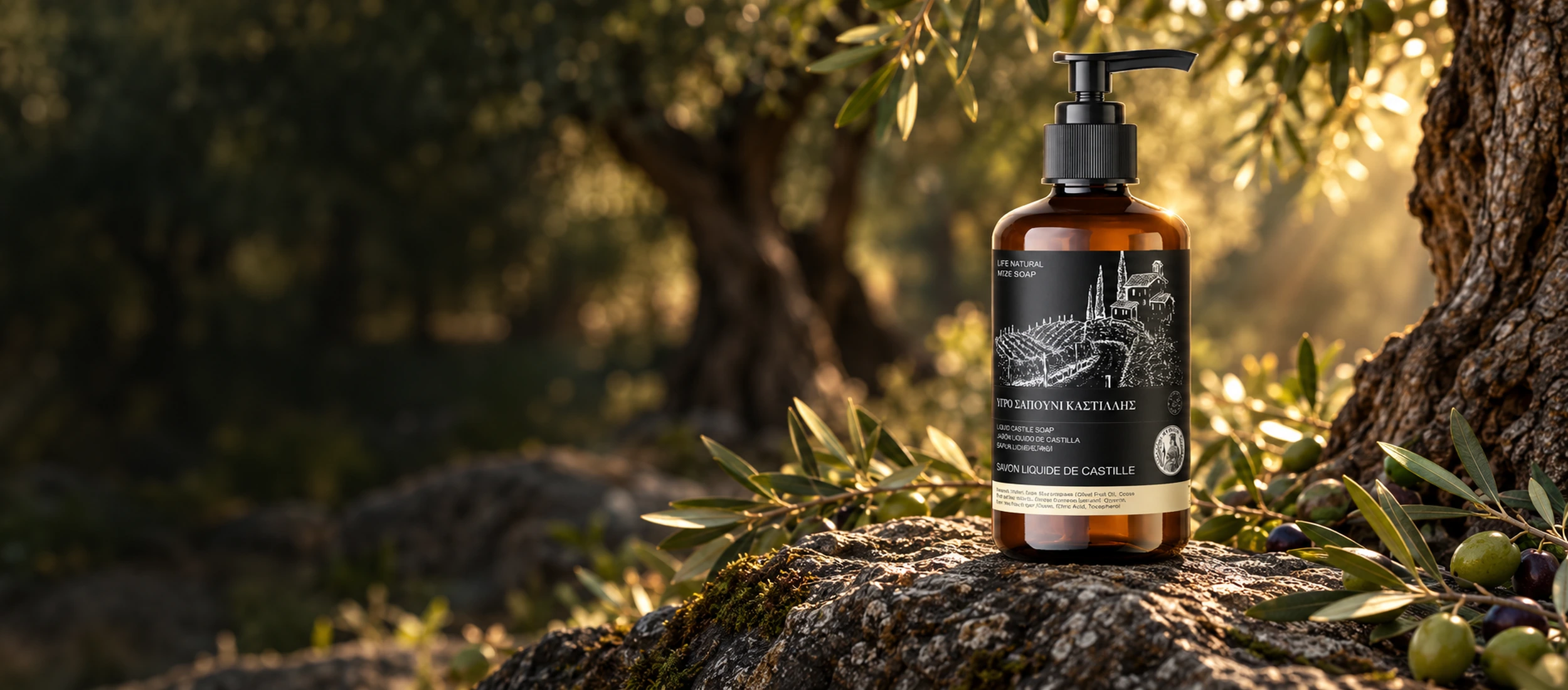 Amber pump bottle of Anatolian liquid Castile soap on a natural rock among olive trees.