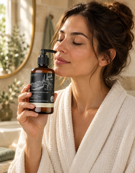 Woman in an ivory bathrobe holding an amber bottle of Anatolian Castile soap near her nose in a sunlit bathroom.